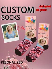 1 Pair Customized Face Socks, Couple Socks, Photo Printed Socks, Personalized Funny Face Socks, Any Face Can Be Printed On Socks, Great Gift For Anniversary, Valentine's Day, Birthday, Wedding - Pink - View 5