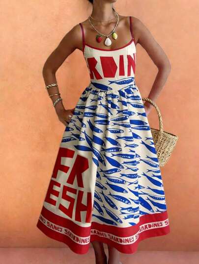 Women's Casual Vacation Cherry Print Colorblock Plaid Strap Dress, Spring/Summer