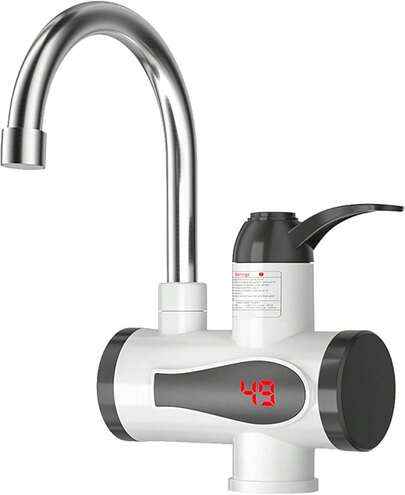 Grifo eléctrico de calentamiento instantáneo con pantalla digital de temperatura, que suministra agua caliente en 3 segundos. Cuenta con dos opciones de instalación para la entrada de agua inferior o lateral, apto tanto para uso en la cocina como en el ba