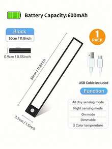 1个LED人体感应橱柜灯，无线磁吸式USB充电厨房夜灯，电池供电，适用于橱柜、衣柜、楼梯、走廊、架子 - 3种灯光颜色可选，尺寸：7.87英寸/11.8英寸/15.7英寸/19.7英寸