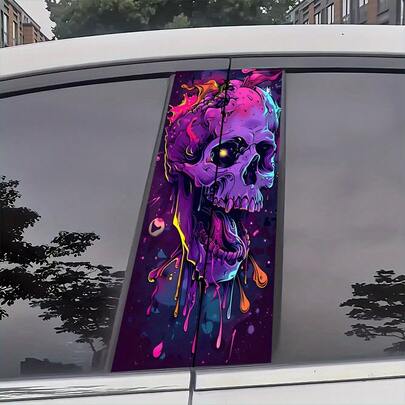 Juego de dos protectores de pilar B premium para automóvil - Protectores de vinilo de larga duración. Llamativo diseño de calavera derretida para el pilar B de tu vehículo. Este llamativo adhesivo automotriz neogótico muestra una vívida obra de arte goteante en morado, rosa y amarillo.