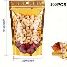 100个金色铝箔自封袋，带挂孔和缺口，可重复使用食品储存袋 - 金色 - 查看 8