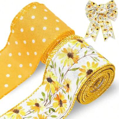 2 cuộn ruy băng hoa có dây thép, rộng 2,5 inch x dài 10 yard, tổng cộng 2 cuộn; ruy băng mùa xuân họa tiết ủng đi mưa màu vàng, in kẻ caro và chấm bi, thích hợp cho các hoạt động thủ công mùa hè, gói quà, vòng hoa, nơ, trang trí giỏ.