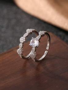 2枚时尚百搭银色镶嵌立方氧化锆女士戒指，镀银戒指套装，女士戒指套装，情侣戒指，可调节开口戒指，结婚戒指，订婚戒指，日常佩戴，情人节礼物，斋月分发，斋月菜肴，开斋节礼物，开斋节赠品 - 銀色 - 查看 10