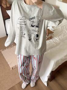 2pcs Snoopy Cotton Sleepwear Set, Cartoon Print, Soft & Breathable Homewear Suit, Spring & Autumn - Light Grey - View 4