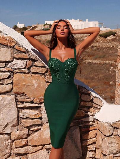 ADYCE Elegant Wide Strap, Heart-Shaped Neckline, 3D Embroidered Bandage, Mid-Length Party Dress, Suitable For Prom, Birthday Party, Formal Dinner, Date, Homecoming, Wedding Guest, Cocktail Party, Family Gathering, And More Occasions, For Valentine's Day Spring