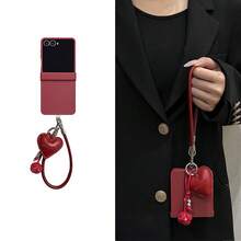 Simple Wine Red Phone Case With Heart Pendant Leather Strap Compatible With Samsung Galaxy ZFlip7 Z Flip6 ZFlip 5 Zflip6 Zflip5 Shockproof Back Cover - Burgundy - View 1