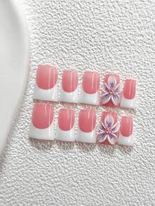 10pcs Minimalist French Style Acrylic Nail Art Kit, Handcrafted Gradient Blue-Purple 5-Petal Flower Nail Decorations, White French Nail Polish, Classic Elegant Style, Ideal Gift For Women & Girls, Includes Nail Tools (1 Jelly Sticker + 1 Nail File), 3 Size Options Nails Handmade Press On Nails - 彩色 - 查看 19