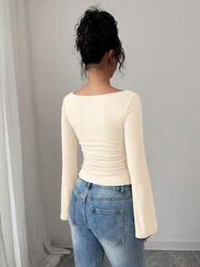 Women's Spring Fall Long Sleeve Shirts Crop Going Out Tops Casual Boat Neck Bell Sleeve Ribbed Ruched Y2K Clothes New Years Valentine's Day Vacation  Long Sleeve Tops Women - 米色 - 查看 3