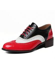 Women Oxfords Pumps Chunky Block Heels Mixed Color Lace Up Ladies' Business Loafers Fashion Comfy Casual Luxury Dress Shoes - Đỏ - Xem 2
