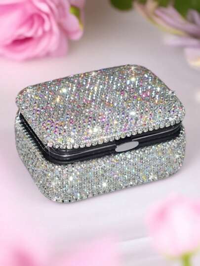 1pc High-Value Sparkling Rhinestone Decorated Jewelry Storage Box, Lipstick, Cotton Pads, Rings, Earrings, Bracelets Organizer, Travel Friendly Vanity Tray, Creative Gift