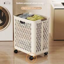 Cream White Foldable Laundry Basket With Wheels, Hollow Out Breathable Rolling Hamper For Dirty Clothes Storage - Beige 1PC - View 4