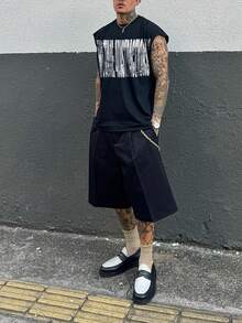 男士做旧风格背心，宽松无袖肌肉T恤，做旧白色字母图案背心，做旧街头服饰。 - 彩色 - 查看 5