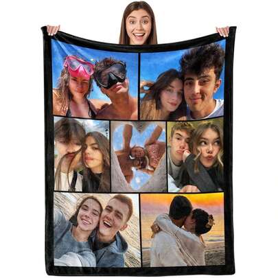 1pc Customizable Photo Print Flannel Blanket - Personalized Wool Blanket With Printed Design, Machine Washable, Soft All-Season Bedspread, Suitable For Couples, Anniversary, Wedding, Valentine's Day Gift, Modern Home Decor, Personalized Throw, Best For Christmas, Simple, Custom, Personalized, Unique, Ideal Gifts For Him, For Anniversaries, For Valentine's Day, For Graduation, For Father's Day, For Weddings, For Housewarming, Sofa, Bed, Car, Tea Room, Bedroom, Bathroom, Living Room, Dining Room