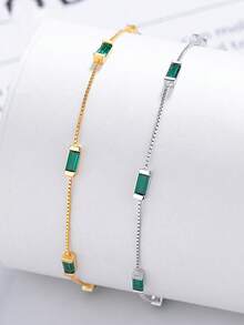 1pc S925 Sterling Silver Green Square Diamond Bracelet, Minimalist Ins-Style Green Diamond Box Chain Bracelet, Fashionable Fresh Elegant Jewelry Gift For Women - Square - View 2