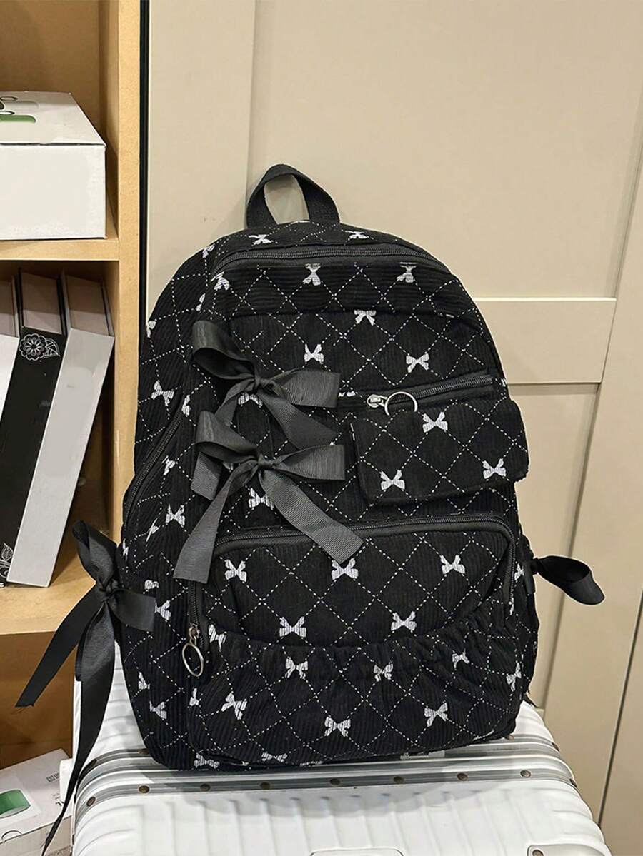 1个粉色蝴蝶结图案灯芯绒大容量缎带装饰背包，韩版可爱风格，适合女性日常通勤和上学使用 - 彩色 - 查看 1