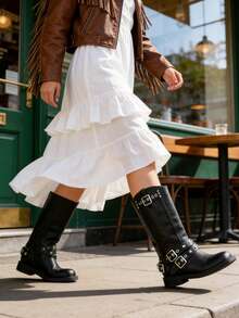 Women's Punk Mid Calf Boots Chunky Low Heel Riding Boots Platform Moto Boots Round Toe Wide Calf Motorcycle Boots For Women With Buckles Wide Calf Pull On Biker Boots - 黑色 - 查看 3