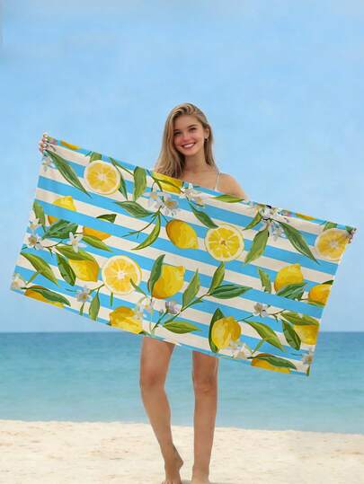 1pc Lemon Blue Striped Beach Towel, Ultra-Fine Fiber Quick Drying Absorbent Sand Proof Large Beach Towel, Suitable For Travel, Swimming Pool, Diving, Surfing, Yoga, Camping, Beach Vacation Beach Towels, Essential For Summer Beach Travel, Multifunctional Beach Towel For Vacation Bathroom Decoration, Multiple Colors To Choose From