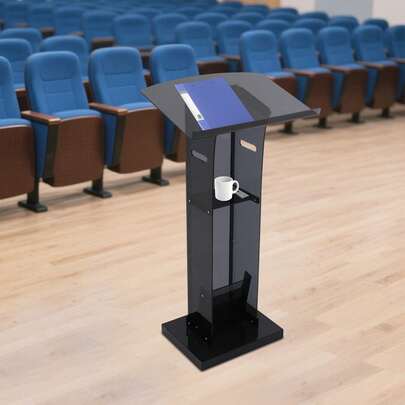 Acrylic Podium Stand, Floor Standing Portable Pulpits With Storage Shelf Black