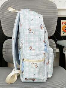 1pc Green Plaid + Puppy Print Canvas Backpack, Zipper Closure, Cute Style, Suitable For Students And Everyday Use, All Seasons - Blue - View 3