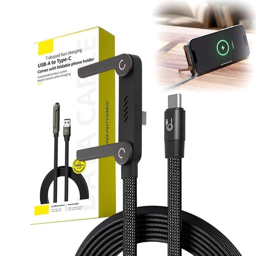 Cable de carga rápida trenzado de 240W con soporte para teléfono incorporado, nuevo cable de carga USB-C a USB-C en forma de T duradero 2026, cable de carga con soporte plegable para teléfono (Negro-1 paquete) - paquete de 2 negro - Ver 1