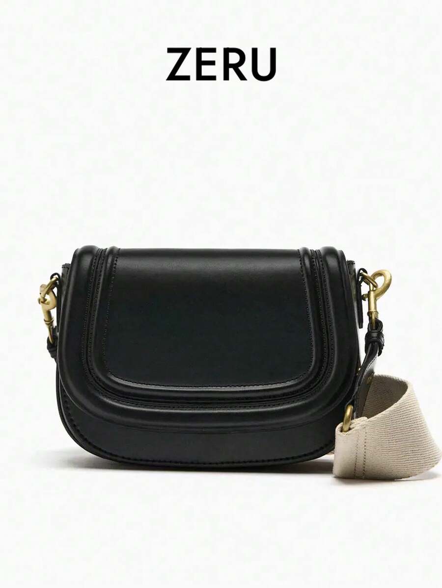 Women's Saddle Bag Shoulder Bag, Trending Overseas Model 2026, Wide Strap, Crossbody - Black - View 1