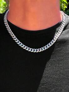 Men's Simple Link Chain Necklace, Stylish Stainless Steel Necklace As A Gift For Him WBXG - 銀色 - 查看 4