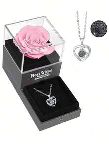 1 Set Artificial Rose Gift Box & Necklace Set, "I Love You" Necklace In 100 Languages & Preserved Rose Flower Gift, Suitable For Mother's Day, Valentine's Day, Anniversary, Birthday, Gift For Women, Mothers, Wives, Girlfriends