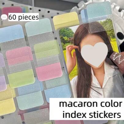 60pcs Macaron Color Transparent PET Glitter Effect Index Tabs Sticky Notes Stickers, Stationery Organizer Stickers, Scrapbooking Decorative Bookmarks
