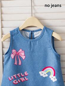 [Non-Denim] Young Girls' Summer Sleeveless Denim-Like Dress, Loose Fit With Cute Printed Pattern, Fashionable, Sweet And Lovely, Suitable For Outings, Birthday Parties, And Gatherings - Blue and White - View 4