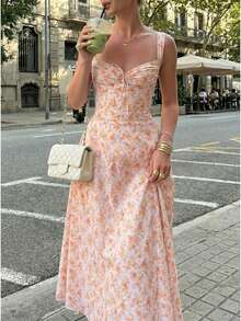 Đầm dài dáng xòe in hoa, thanh lịch, gợi cảm, không tay, cổ khoét sâu dành cho nữ. - Nhiều màu - Xem 1