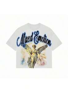 1 Pcs2K Men's Casual Graphic T-Shirt - Mixed Emotions Watercolor Angel Wings Print, Regular Fit Short Sleeve Round Neck Summer Top, Machine Washable, Cute Style, Daily Wear, Bold Letter Design, Soft Fabric, Fashion  Essential180g 100% Cotton - 白色 - 查看 6