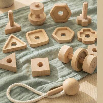 儿童木制早教配对游戏玩具，形状识别配对螺纹游戏套装，适合精细动作技能训练和亲子互动游戏，男女皆宜，儿童节和生日礼物
