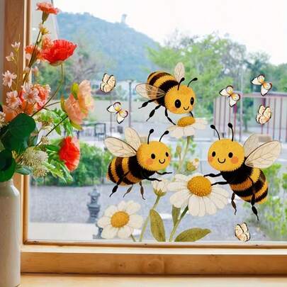 1pcCute Honey Bee Window Clings Spring Daisy Flower Butterfly Static Sticker For Kitchen Living Room Glass Door Anti Collision Decal Reusable Vinyl Art Home Decor