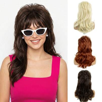 REEWES 80年代复古鲻鱼头假发，女士长款波浪棕色姜黄色蓬松铂金色合成假发，适合已婚家庭主妇复古装扮、万圣节派对及日常佩戴