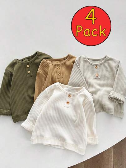 4pcs Baby Solid Color Casual Ribbed Long Sleeve T-Shirts, Versatile Tops For Toddler Boys & Girls, Spring/Autumn