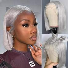 Gray 13x4 Lace Front Bob Wig Brazilian Virgin Human Hair Wig Pre Plucked Hairline With Baby Hair Transparent Lace Natural Looking Glueless Wear And Go Gray Wigs For Women 14 Inch - SGray - View 3