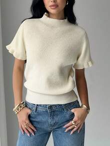 VIBEWAVE 春季高领针织短袖打底衫，女士休闲通勤上衣 - 米色 - 查看 7