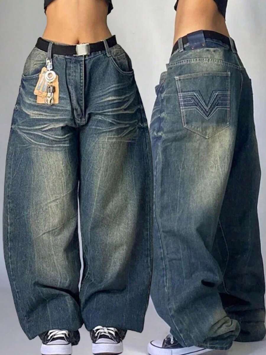 Women Y2K 90S Hip Hop Baggy Jeans Boyfriend Wide Leg Denim Pants Mid-Low Rise Loose Streetwear Outfits - 藍色 - 查看 1