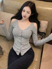 New Sexy Hollow Out Shoulder Long Sleeve Knit Sweater For Women, Contrast Lace Back, Spring/Summer - Gray - View 5