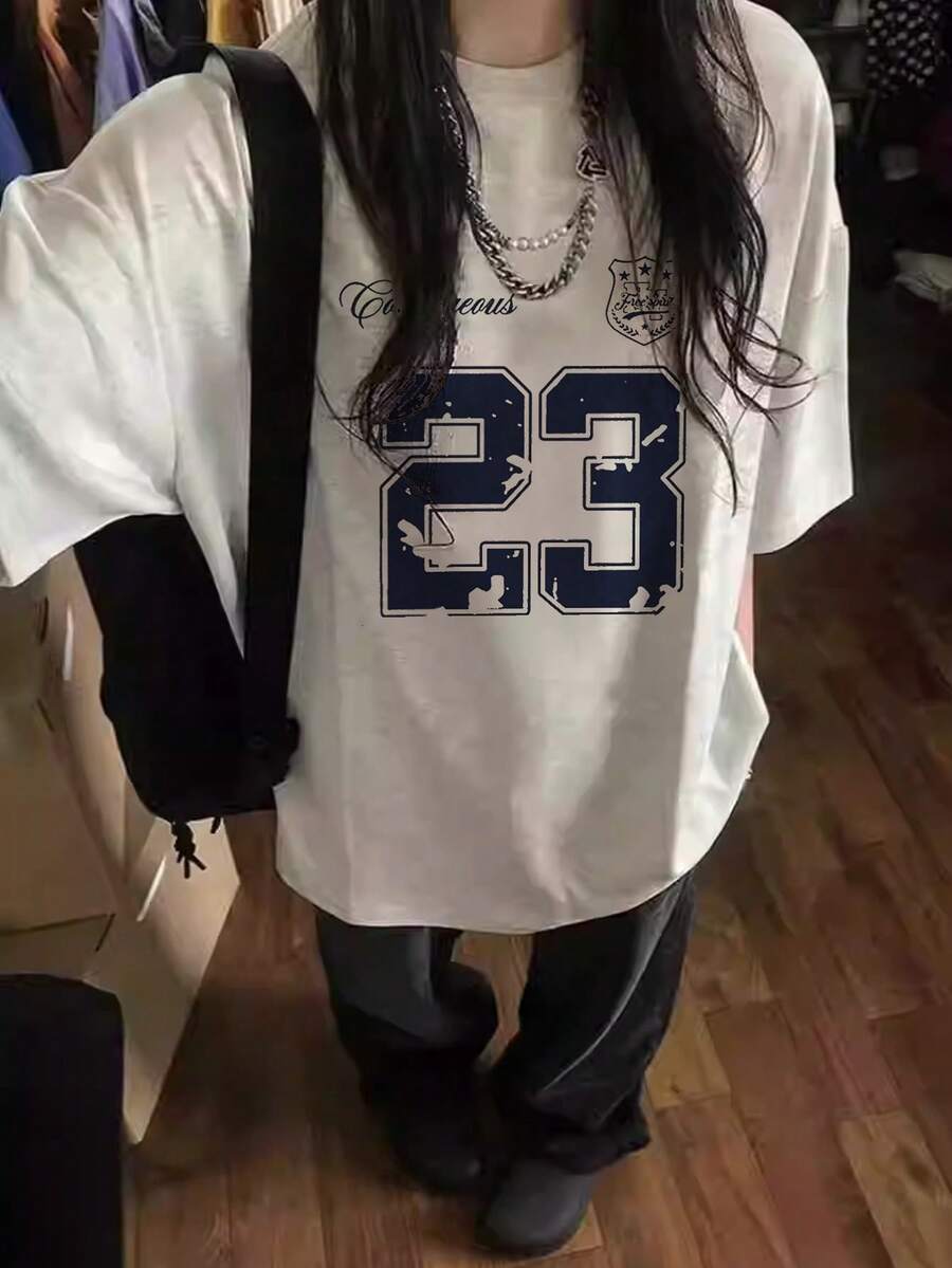 Japanese Style Women's Loose Crew Neck Casual Versatile Letter Badge Print Short Sleeve T-Shirt, Spring/Summer - Light Gray - View 1