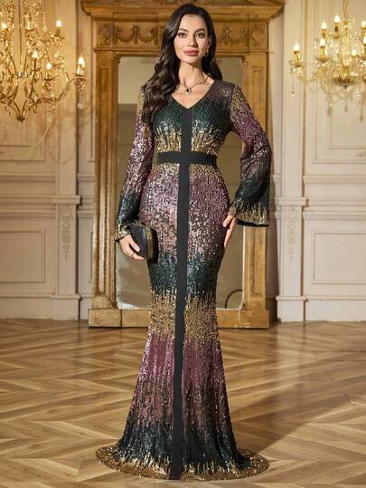 Elegant Women's V-Neck Long Sleeve Gradient Sequin Abaya Dress (Non-Placement Printed)