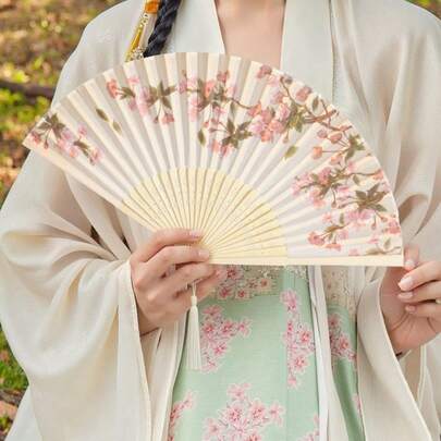 1 Piece Chinese Retro Style Flower Bamboo Folding Fan, Peach Blossom Pattern, Tassel Details, Home Decoration Fan, Traditional Chinese Hanfu Dance Accessories, Women's Portable Fan, Mother's Day Gift, Restaurant Decoration Fan, Very Suitable For Graduation Season, Weddings, And Stage Performances.,Cute Stuff