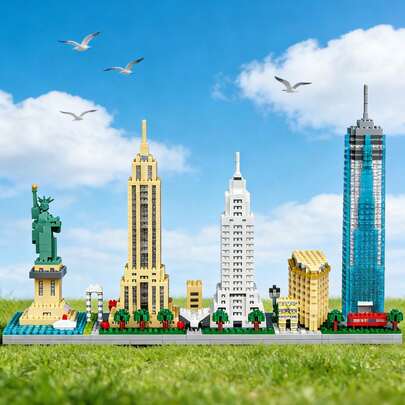 4244 片世界著名建筑系列微型积木：3D 立体拼插减压玩具。这些积木种类繁多，色彩丰富，做工精细，无毛刺。套装包含粉红教堂、埃菲尔铁塔、纽约天际线等标志性建筑。