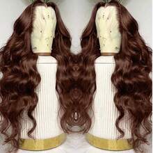 13x6 13x4HD 透明蕾丝前假发，巴西原生人发混纺，自然波浪卷，34英寸 - 200% 密度，预先拔毛，无胶前假发，带婴儿发，女士款，自然黑，无需胶水，即戴即用 - 棕色 - 查看 9