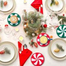Juego de 4 Posavasos Navideños de Ganchillo Hechos a Mano, Decoración de Mesa Rojo Blanco Verde para Fiestas y Hogar - 4 - Ver 5