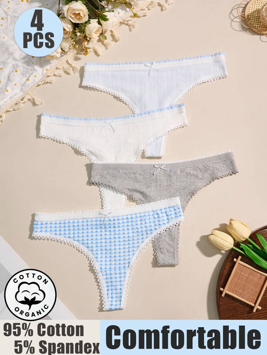 4pcs Cotton Fresh & Sweet Comfortable Women's Thong Panties - Multicolor - View 1