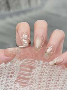 10pcs/Set Press On Nail Tips, Silver And Stone Glittering, Boucheron's Gentle And Dazzling Cat's Eye, Elegant And Mature Lady's Handcrafted Wearable Nails, Suitable For Girls And Women To Wear. - Multicolor - View 4