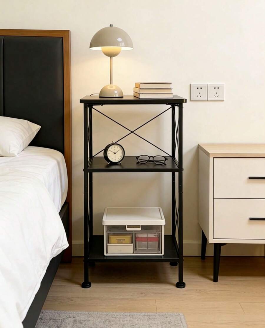 Sleek 3-Tier Black Storage Shelf With Industrial X-Frame Fits Books, Decor, And Rattan Baskets - Black - View 1