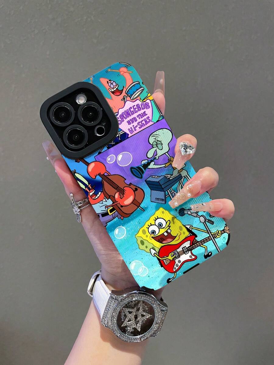 SpongeBob SquarePants 1个卡通创意海绵宝宝主题竖条纹保护手机壳，适用于三星/苹果17/16/15/14/13/12/11Pro Max/12Pro/14Plus等型号 - 彩色 - 查看 1